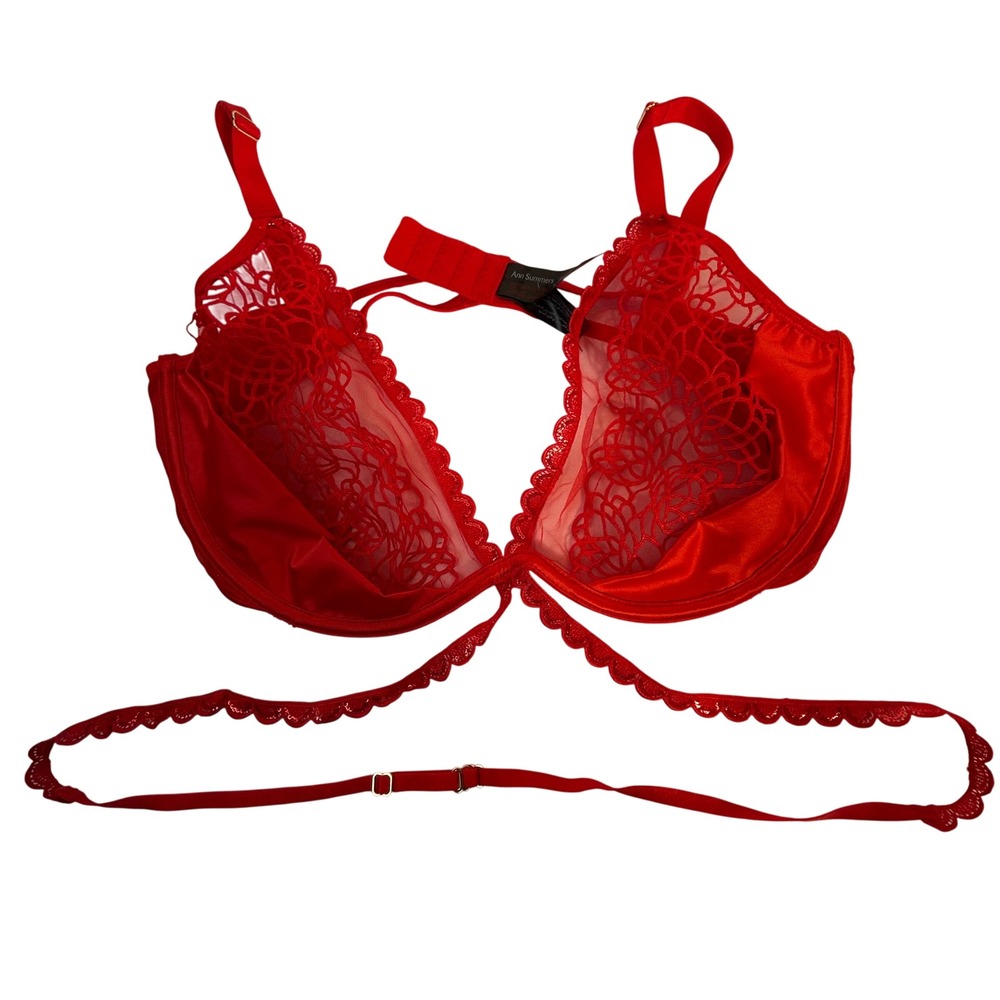 Ann Summers Red Lace Trim Balconette Bra Eyelash Trim Straps‎ Size XL Strappy